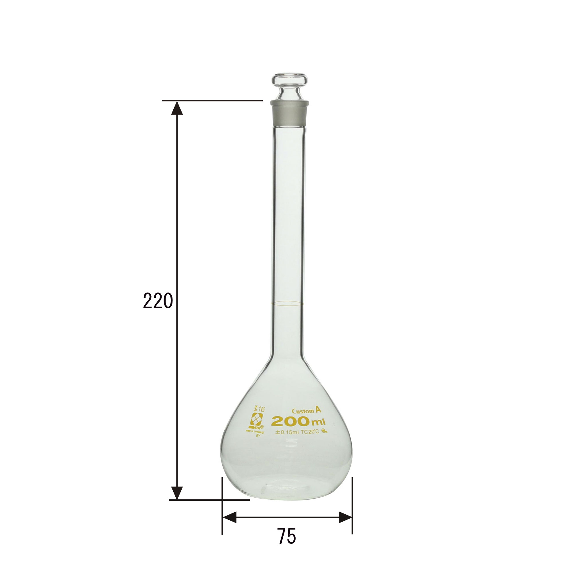 メスフラスコ (全量フラスコ) カスタムA 共通摺合せガラス平栓付 200mL