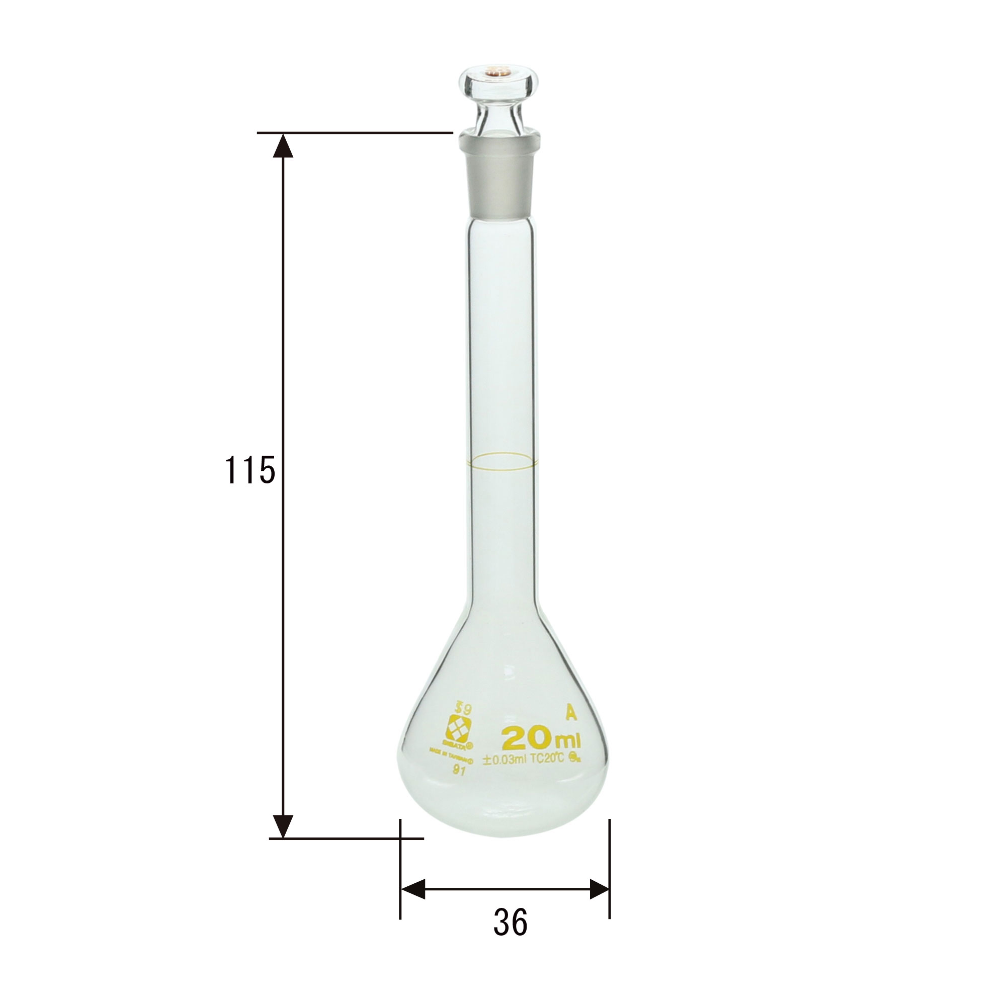 メスフラスコ (全量フラスコ) スーパーグレード 共通摺合せガラス平栓付 20mL