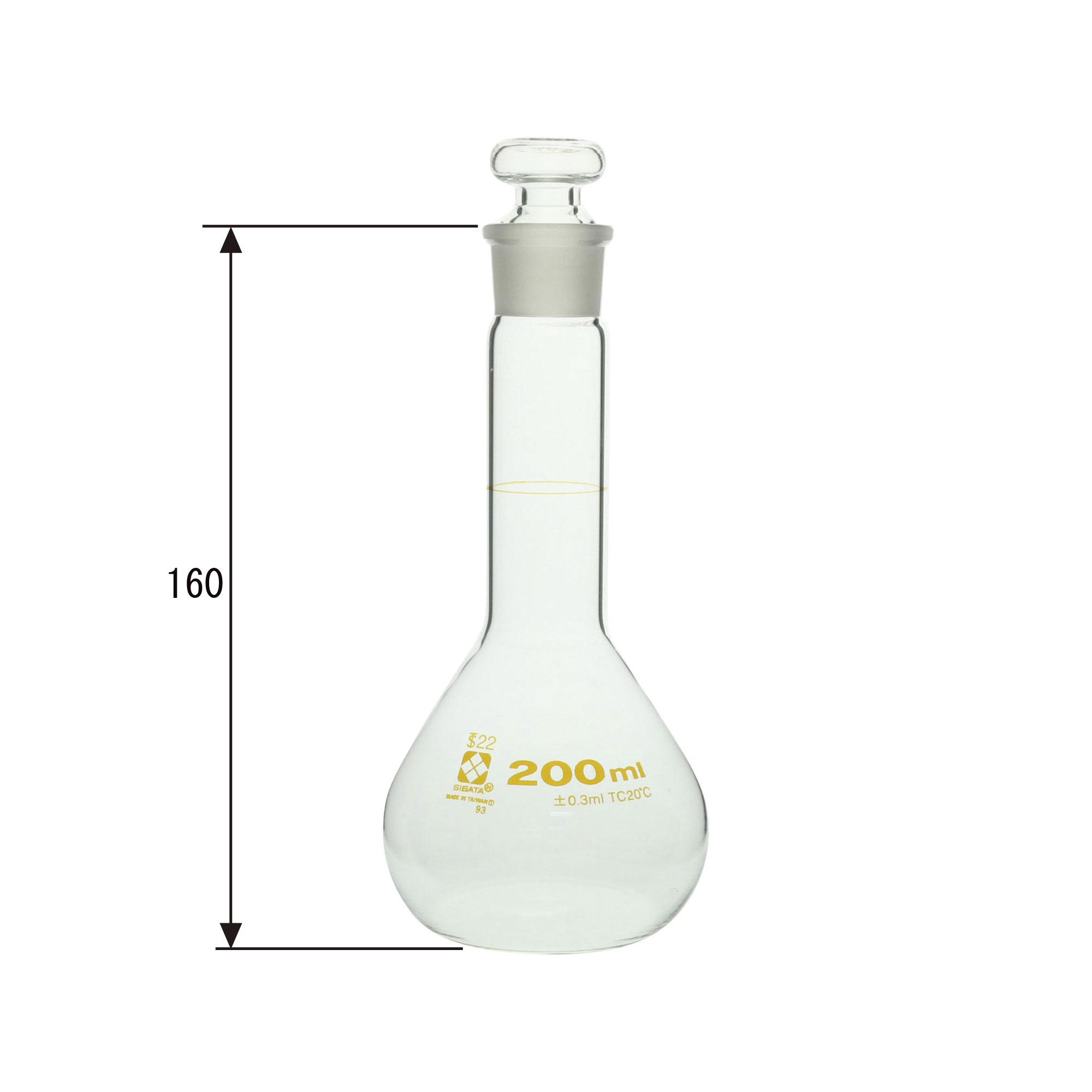 メスフラスコ 短形(全量フラスコ)白 共通摺合せガラス平栓付 200mL